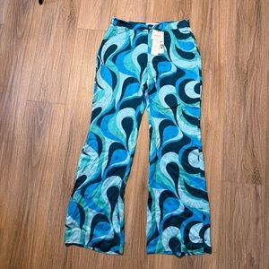 Zara Safia Satin Swirl Patterned Blue Flare Pants, Boho, Medium